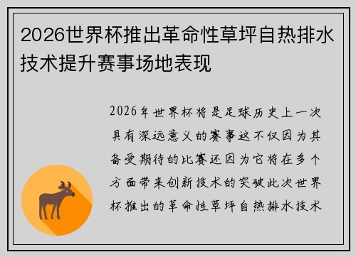 2026世界杯推出革命性草坪自热排水技术提升赛事场地表现